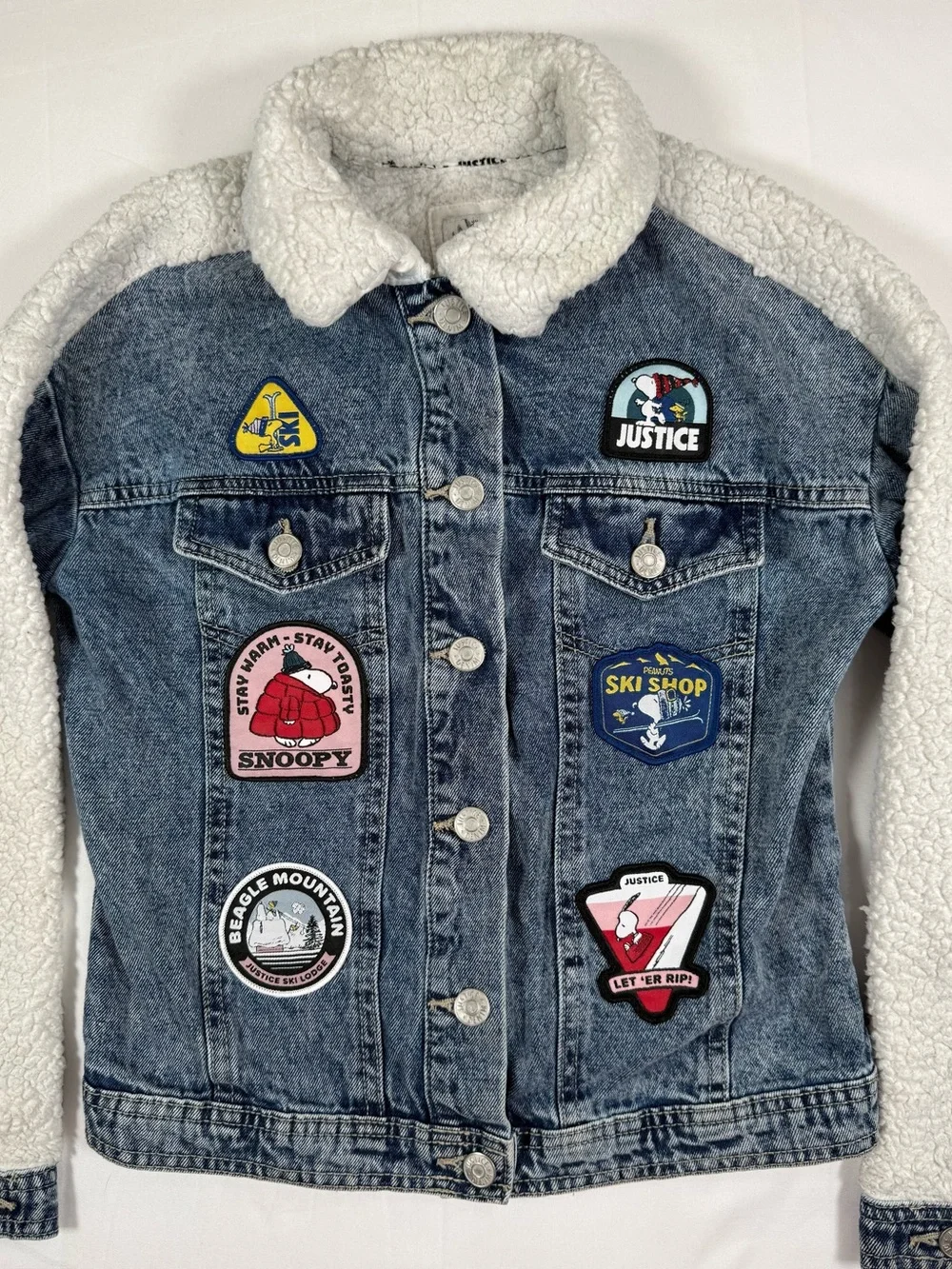 JUSTICE Girls Snoopy Peanuts 75th Sherpa Denim Jacket S 7/8 Ski Patches Winter